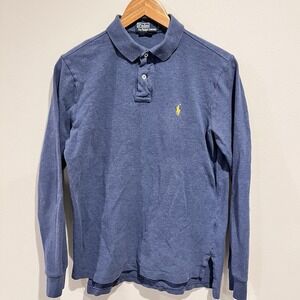 Ralph Lauren Polo Shirt Mens Medium Blue Long Sleeve Yellow Pony Pique Prep